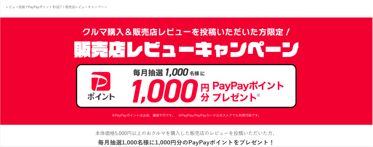 販売店レビューキャンペーン　毎月抽選1000名様に1000円分PayPayポイントプレゼント
